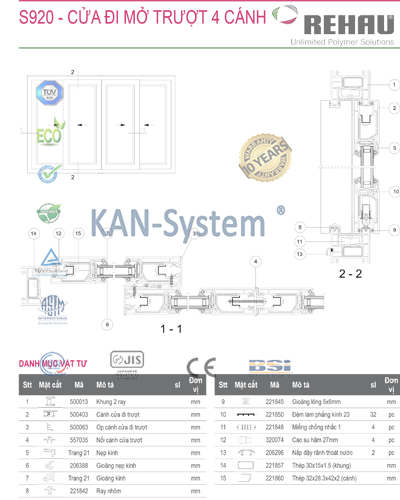 Cửa đi mở trượt 2, 4, 6, 8 cánh, cửa nhựa lõi thép uPVC REHAU - Germany® nhập khẩu chính hãng KAN - System®
