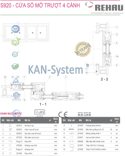 KAN-System® : Cửa sổ mở trượt, cửa nhựa lõi thép uPVC REHAU - Germany® nhập khẩu